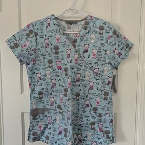 Cute Cat Print Scrub Top
